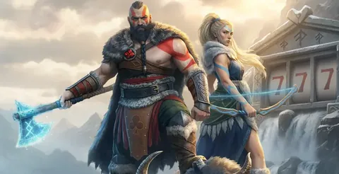 Godz Willkommenspaket: Krieger mit Axt und Walküre vor einem Runen-Spielautomaten